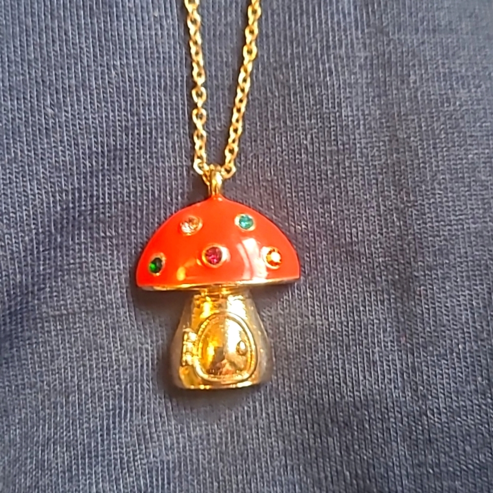 Gold and Red Mushroom Pendant Necklace